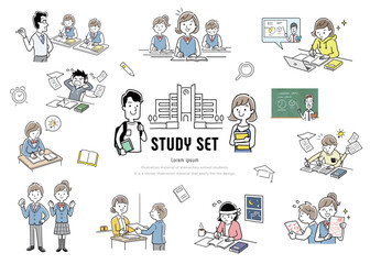 ベクターイラスト素材：勉強する学生の人物セット
