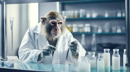 Little monkey wants to be a scientist, doing science experiments. - obrazy, fototapety, plakaty