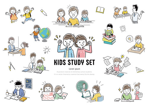 ベクターイラスト素材：勉強する小学生の人物セット
