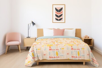 patterned cotton bedspread in a neat bedroom - obrazy, fototapety, plakaty