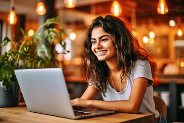 Gorgeous young lady with a happy expression using a laptop at a table in a cafe, either as a student or freelancer and gazing into the laptop