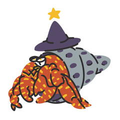 Hermit Crab in a witch's hat with a yellow star on it