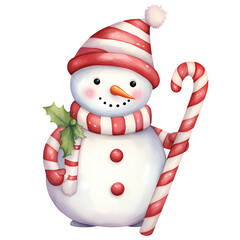 Cute Snowman Candy Cane Christmas Watercolor Clipart Illustration