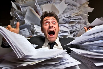 The businessman is yelling in exasperation as he strews papers around, drowning in a mountain of paperwork and pleading for assistance. - obrazy, fototapety, plakaty