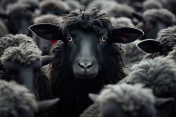 close-up shot of a black sheeps face in a crowd of white sheep