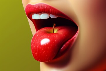 Weird apple tongue. Red apple in open mouth in shape of tongue sticking out. Minimal concept of importance of eating an apple a day, fruit and vitamins. - obrazy, fototapety, plakaty