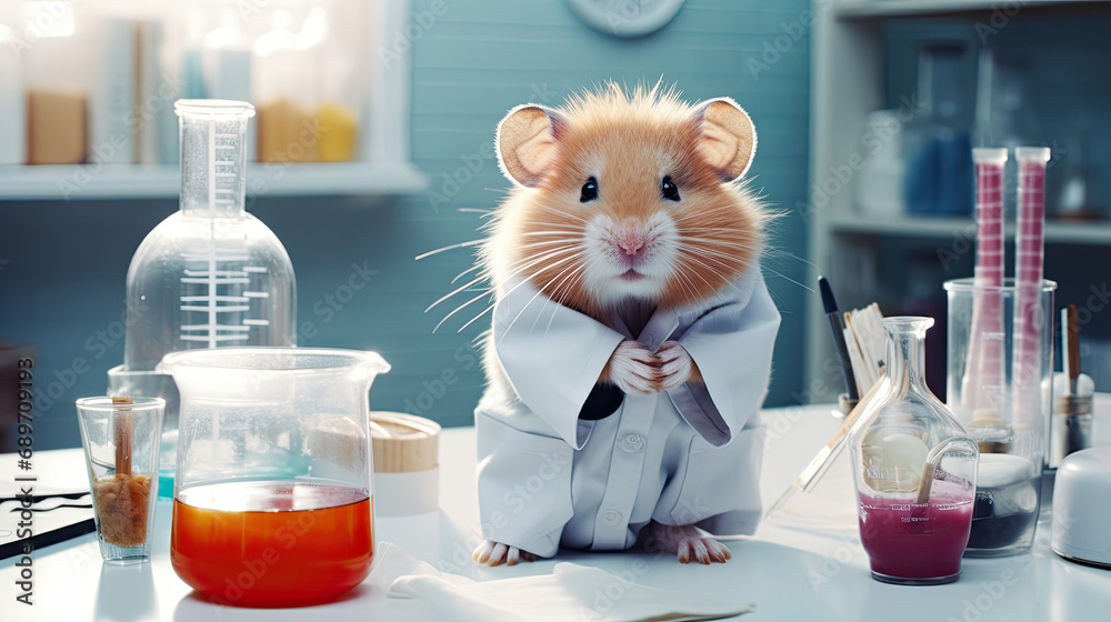 Wall mural little hamster Doing science experiments with test tubes and beakers in the laboratory.