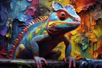 chameleon on a spectrum of oil paints palette