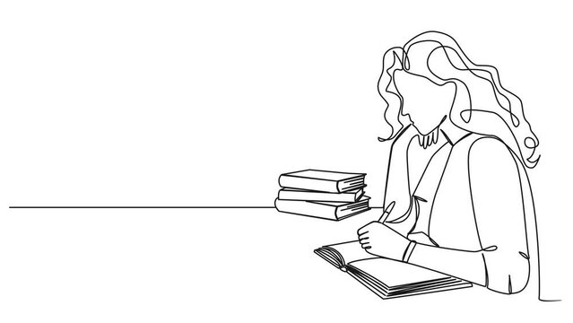 animated continuous single line drawing of woman writing in journal or diary, line art animation