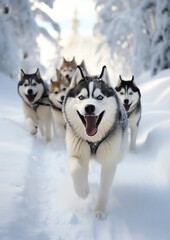 a group of dogs running in the snow