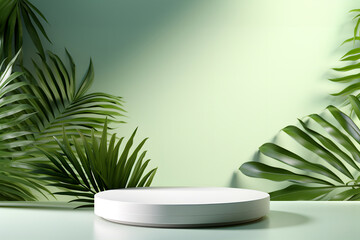 White podium against background with tropical leaves for cosmetic display or product presentation