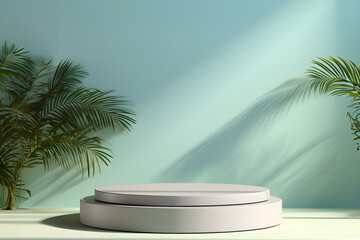 Obraz premium White podium against blue background with tropical leaves for product display or cosmetic presentation