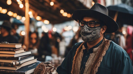 Street bookseller. A masked Mexican man sells books at a street market. AI generated - obrazy, fototapety, plakaty