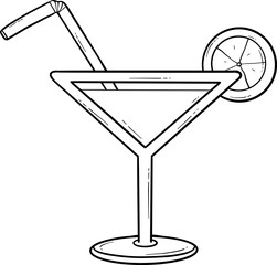 Line art illustration of a martini glass with a straw and lemon slice