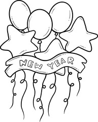 Hand drawn New Year celebration sketch with balloons, stars, and a ribbon banner.