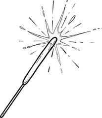 Black and white line art of a sparkler emitting sparks, suitable for festive and celebration themes.
