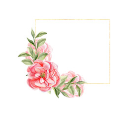 Pink peony hand drawn watercolor illustration. Square frame with floral elements of pale pink peony ,green leaves in square golden frame for invitation,card, wedding design, card template