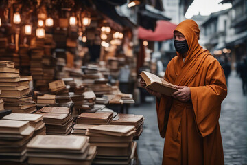 Street bookseller. A monk in a mask sells old books at a street market. AI generated - obrazy, fototapety, plakaty