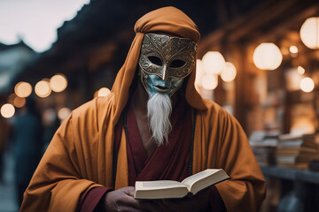 Street bookseller. A masked Buddhist monk sells old books at a street market. AI generated