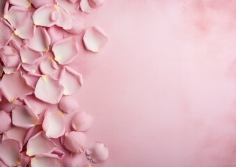 Dried pink rose petals on a pink background, view from above. Valentine's day or special day concept with text space