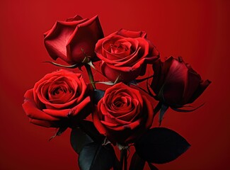 A bouquet of red roses on a red background