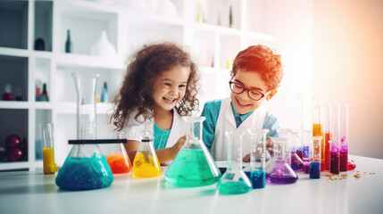 kids science testing in laboratory and surprise excite - obrazy, fototapety, plakaty