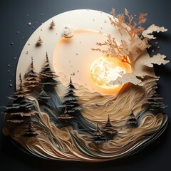 Round frame moon paper cut painting image Generative AI