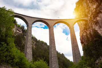 Swiss viaduct in mountain, scenic ride
