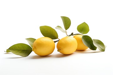 a group of lemons with leaves on a branch