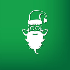 Fototapeta premium Vector white silhouette of Santa Claus with shadow isolated on green background. Santa Claus icon, print, badge and label design template. Funky christmas old man character with beard and mustache