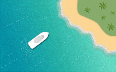 Blue sea with land and white boat from above flat design illustration background