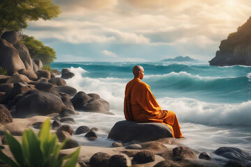 Buddhist monk. A monk meditates on the seashore. Soft focus. AI generated