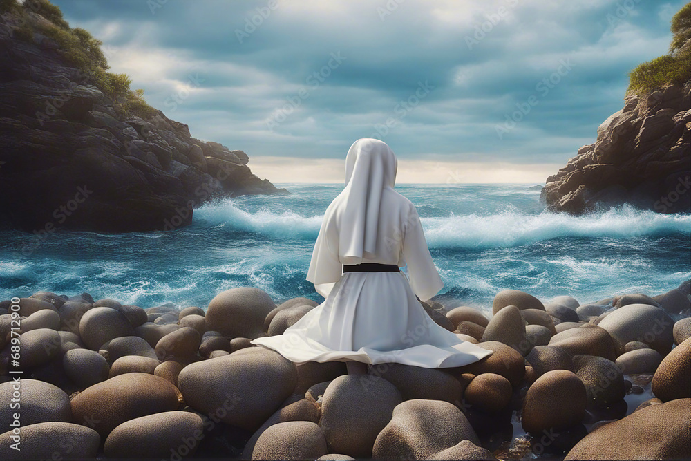 Wall mural nun by the sea. a nun prays by the sea. soft focus. ai generated