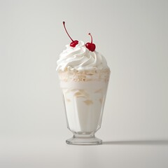 a glass with whipped cream and cherries on top - obrazy, fototapety, plakaty