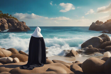 Nun stands by the sea. A nun prays on the seashore. Selective focus. AI generated - obrazy, fototapety, plakaty