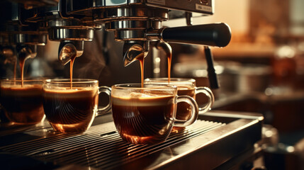 Close-up shot of freshly prepared coffee being poured into a cup from a modern coffee machine. Best quality.