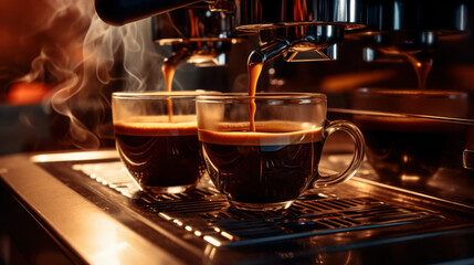 Fototapeta premium Close-up shot of freshly prepared coffee being poured into a cup from a modern coffee machine. Best quality.