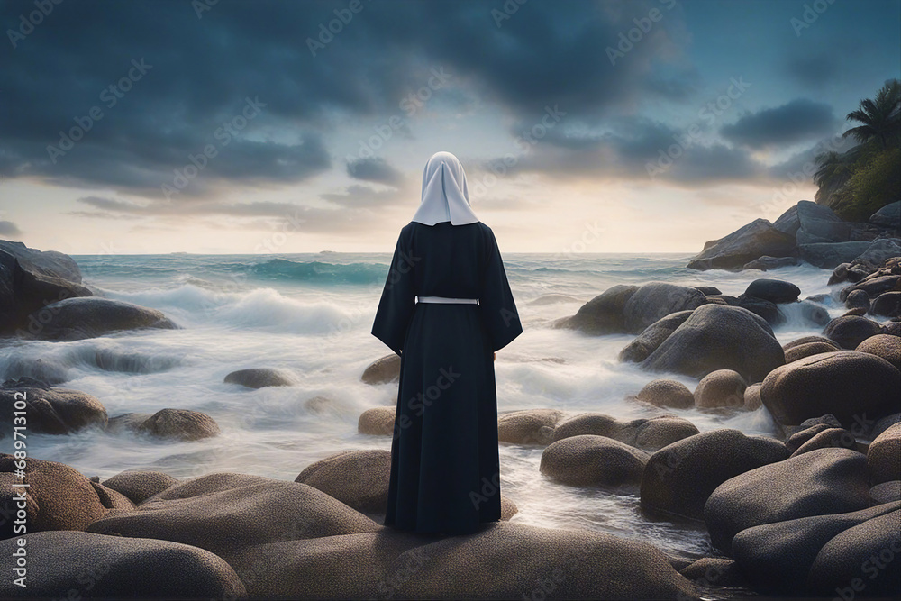 Wall mural Nun by the sea. A nun stands on the seashore. Selective focus. AI generated