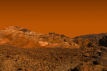 Red nature background with hills, mountains, desert sand and red sky