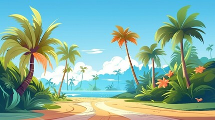 Fototapeta na wymiar Tropical landscape with palm trees and lake illustration AI Generated