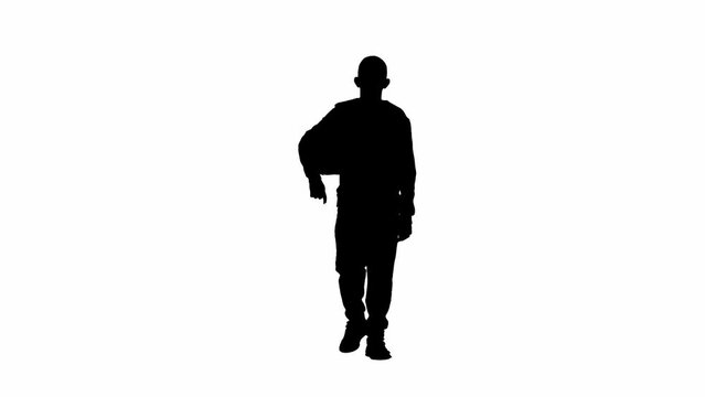 Portrait of boy isolated on white background alpha channel. Silhouette of schoolboy walking with ball in hand looking around.