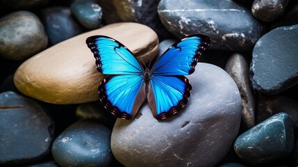 Fototapeta na wymiar A blue morpho butterfly sits on a stone