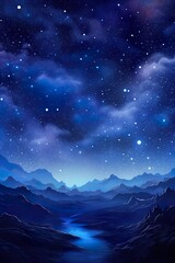 mountains and dark night sky with stars landscape, background in style of blue and purple