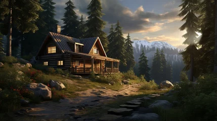 Foto op Canvas A cabin in the pine forest on the mountain is a good choice for traveller who wants to get away from busy days in the city. The cabin surrounded by beautiful natures and fresh air are so attractive. © Muhammad