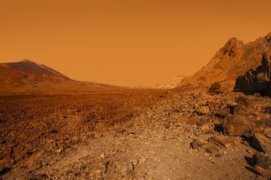 Science fiction background with desert sand, hills and red empty sky