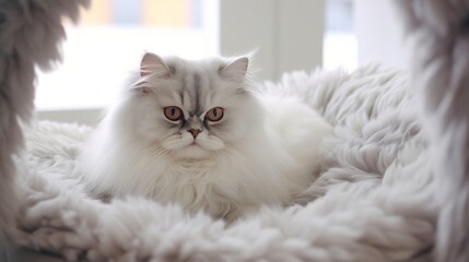A chinchilla persian cat relaxing in a cat bed