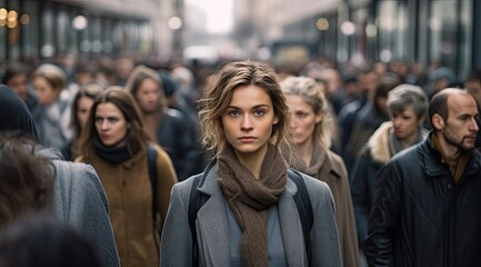 portrait of a woman in a blurred crowd of people - obrazy, fototapety, plakaty