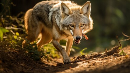A coyote (Canis latrans) carries a dead pocket gopher while walking along a hiking trail in Woodland Hills, Los Angeles, California USA