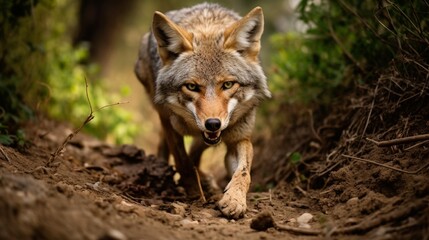 Naklejka premium A coyote (Canis latrans) carries a dead pocket gopher while walking along a hiking trail in Woodland Hills, Los Angeles, California USA
