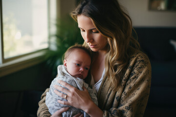 Mother Battles Postpartum Depression While Holding Baby - obrazy, fototapety, plakaty